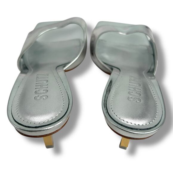 NEW Schutz Dethalia Silver Squared Toe Sandals Size 5 Mirror Metallic Heels - Picture 9 of 11